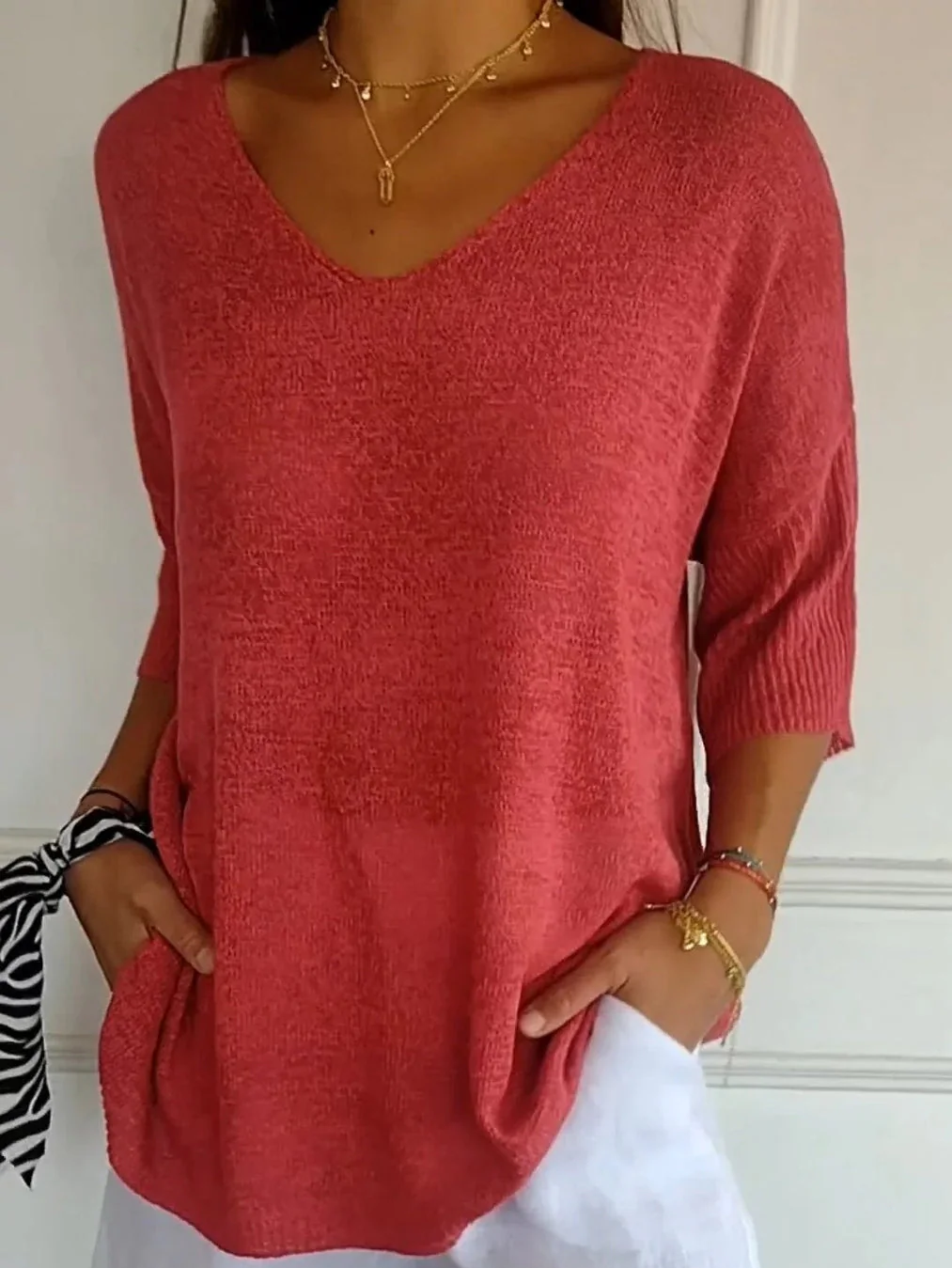 Women Yarn/Wool Yarn Plain Three Quarter Sleeve Comfy Casual Sweater