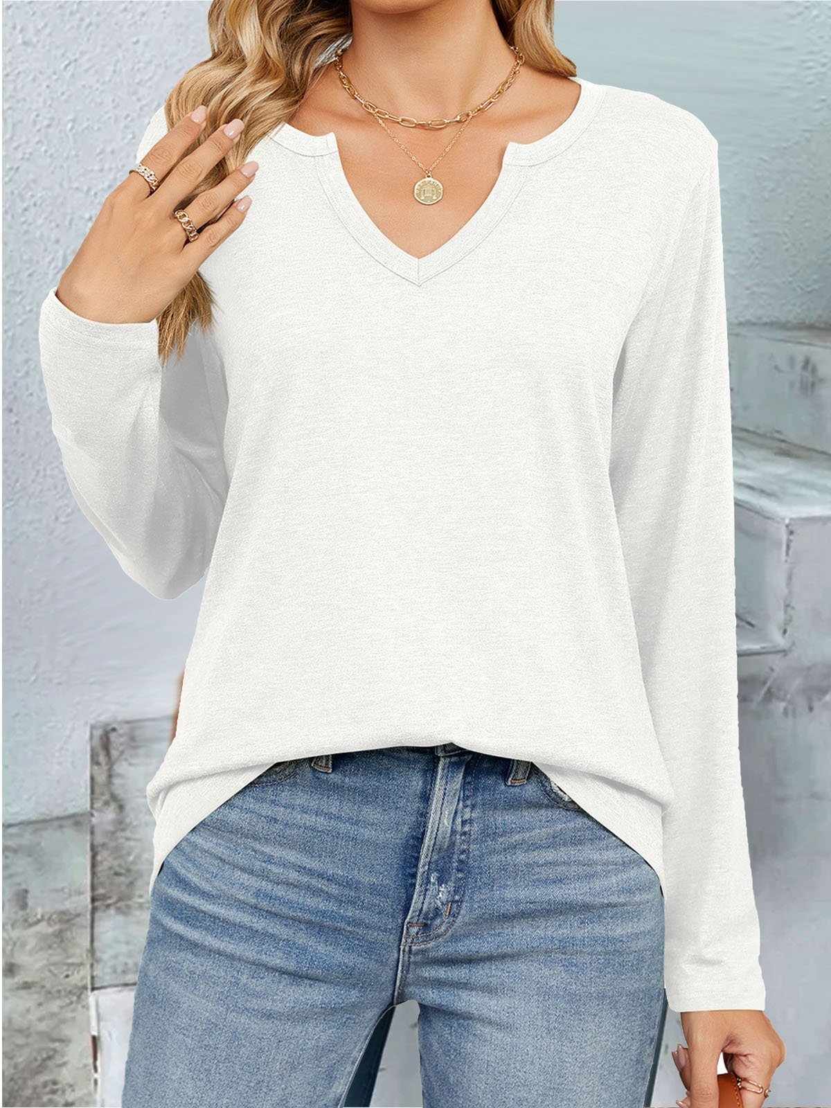 Casual Plain Notched Long Sleeve T-shirt