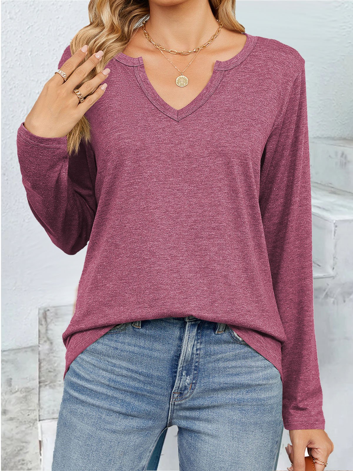 Casual Plain Notched Long Sleeve T-shirt