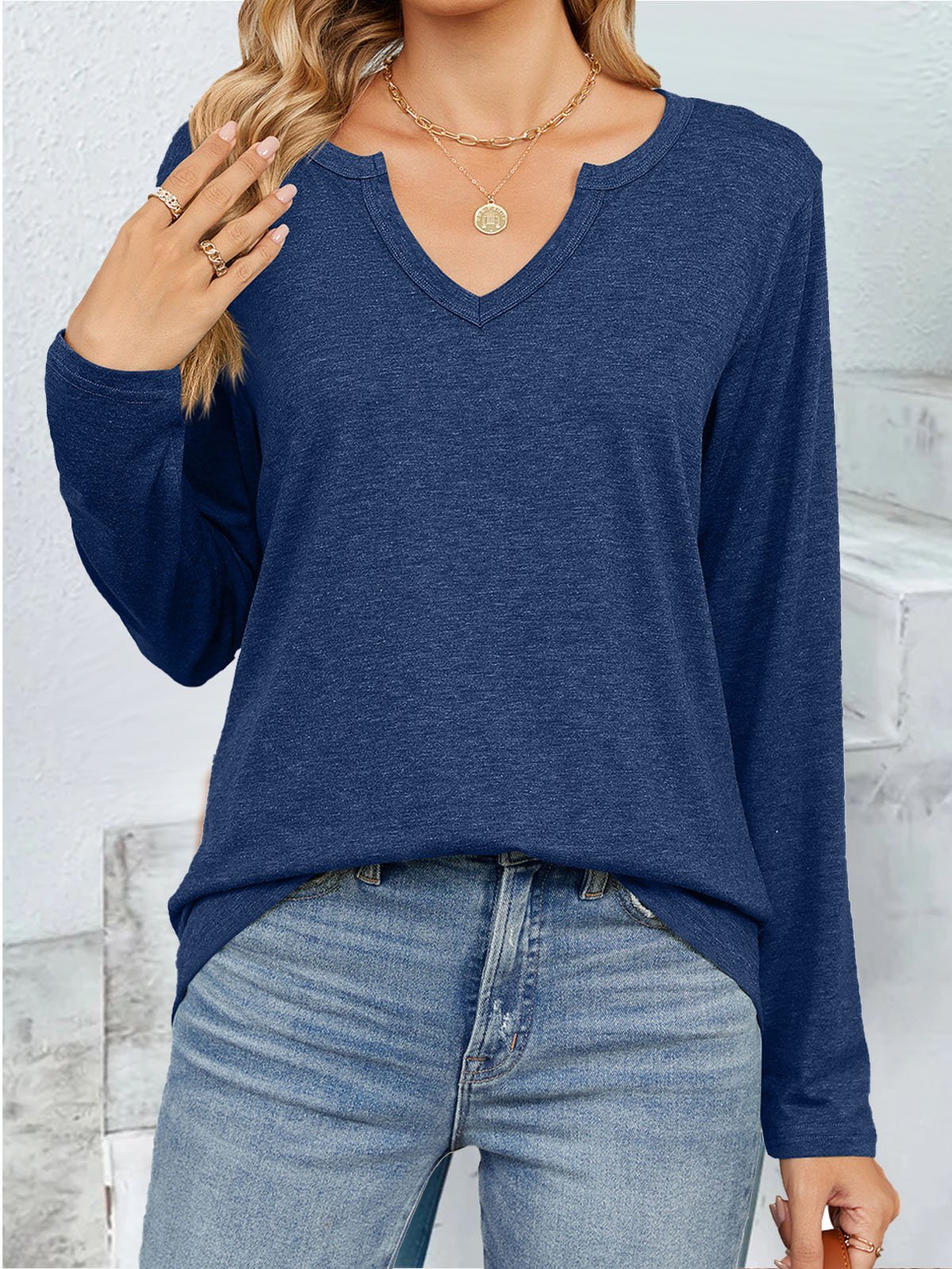 Casual Plain Notched Long Sleeve T-shirt