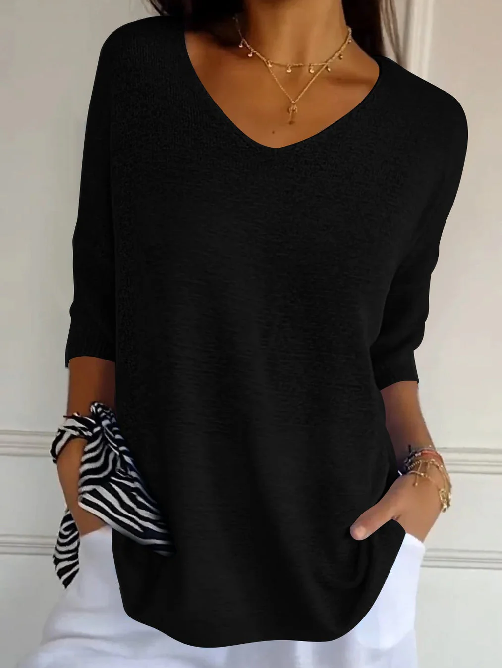 Women Yarn/Wool Yarn Plain Three Quarter Sleeve Comfy Casual Sweater ...