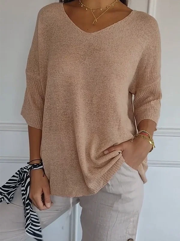 Women Yarn/Wool Yarn Plain Three Quarter Sleeve Comfy Casual Sweater