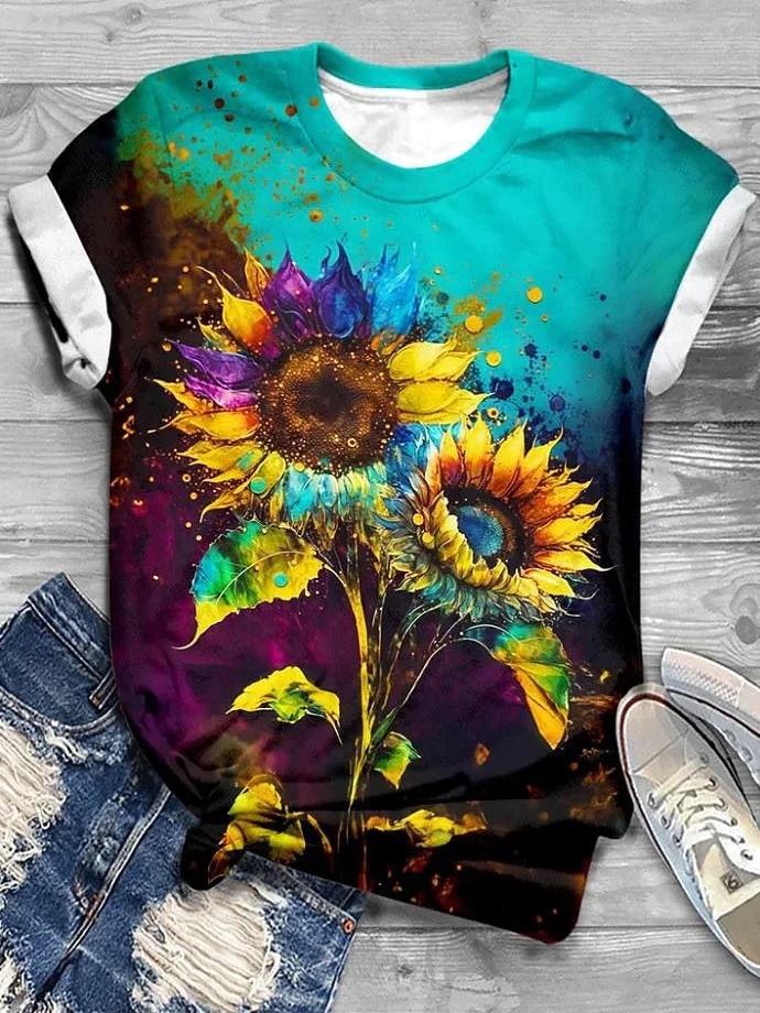 Casual Floral Crew Neck Short Sleeve T-shirt