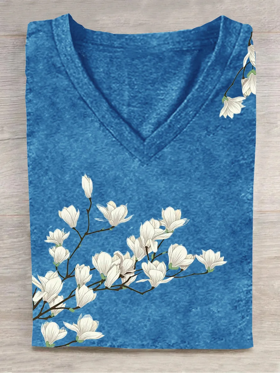 Casual Floral V Neck Short Sleeve T-shirt