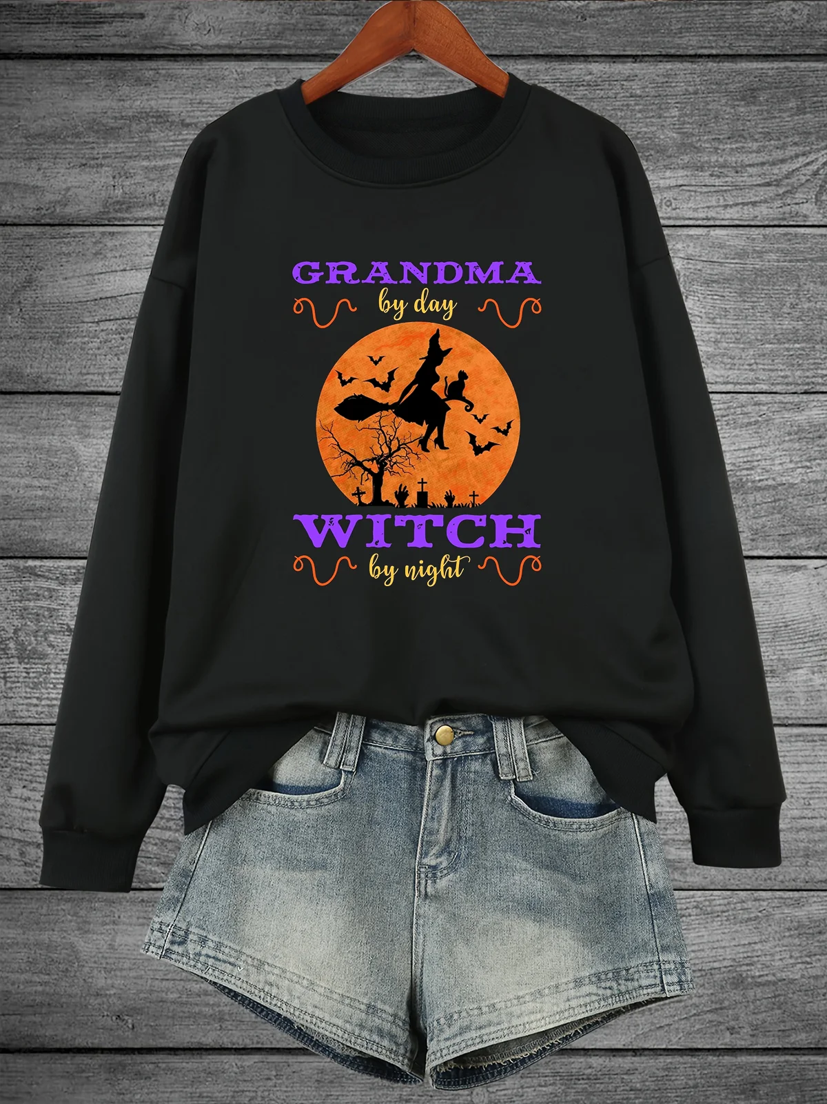 Halloween Witch Casual Crew Neck Text Letters Sweatshirt