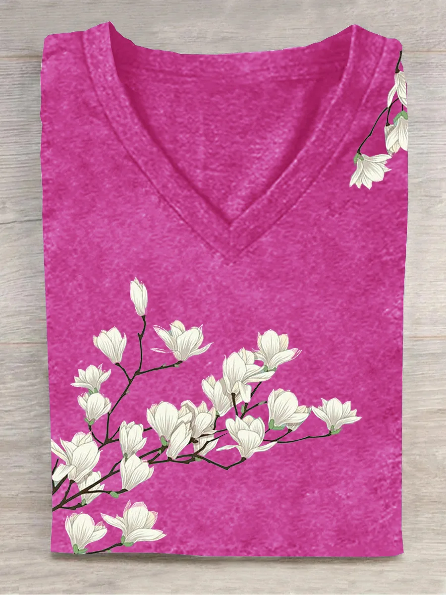 Casual Floral V Neck Short Sleeve T-shirt