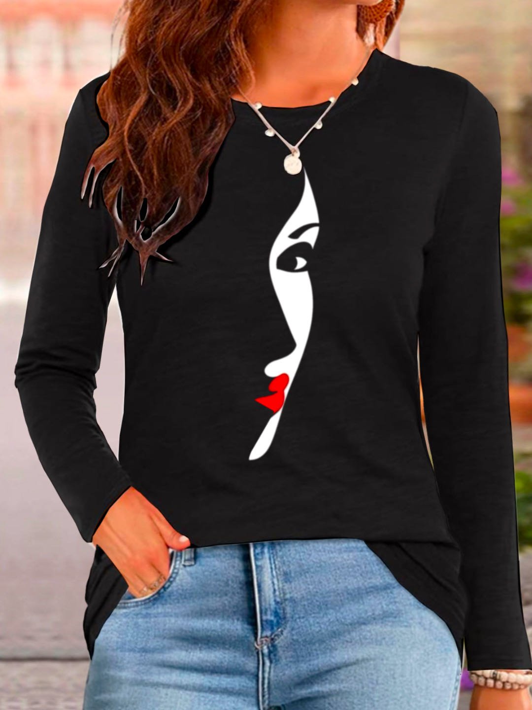 Casual Figure Crew Neck Long Sleeve T-shirt