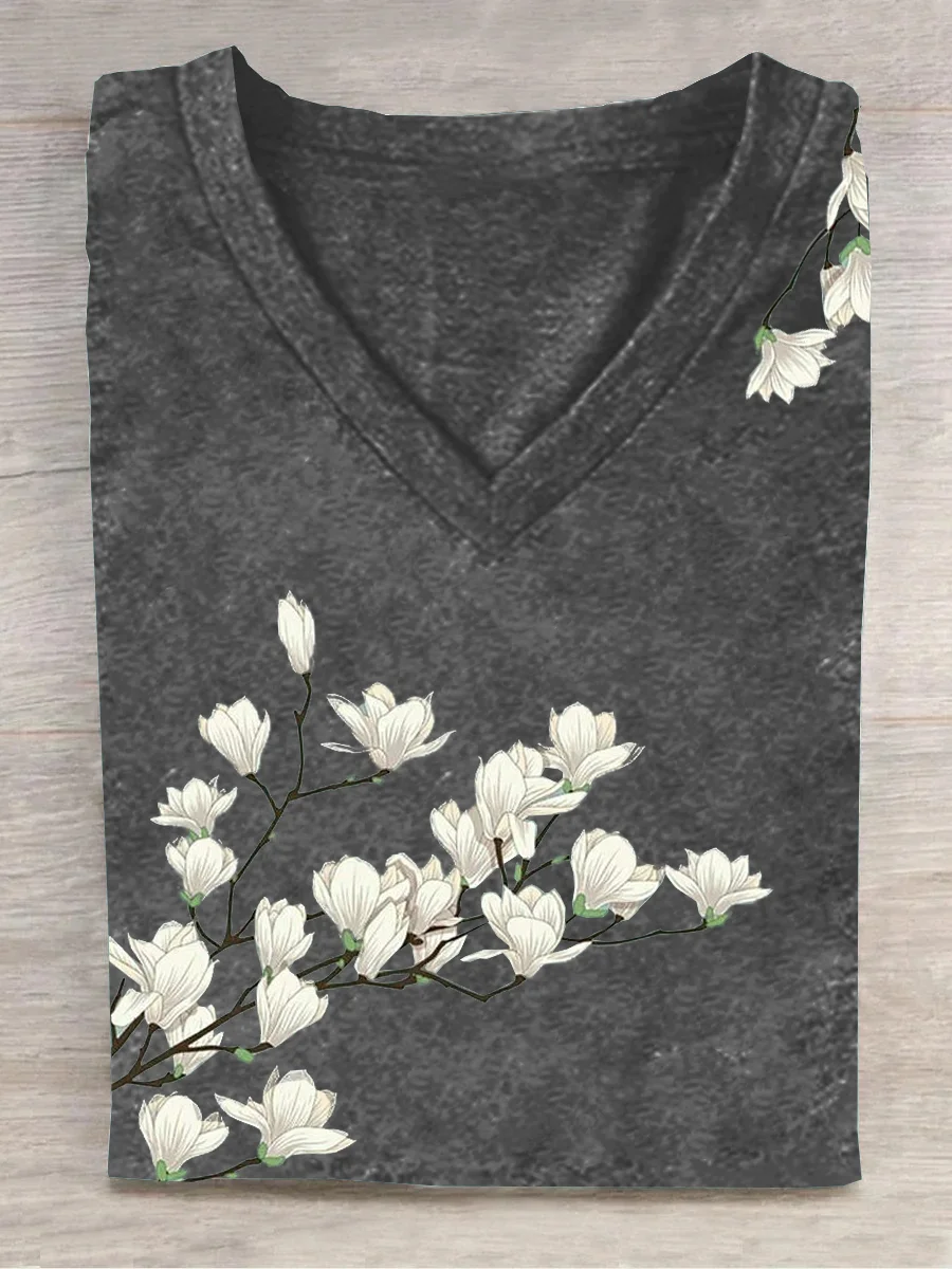 Casual Floral V Neck Short Sleeve T-shirt