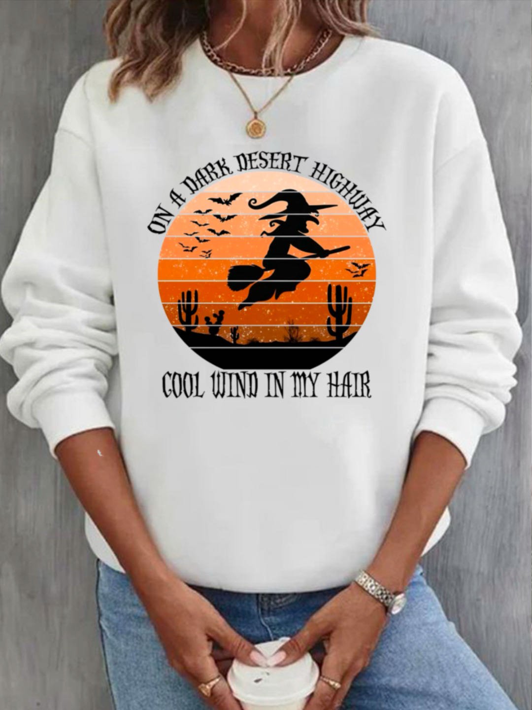 Halloween Casual Witch Print Crew Neck Text Letters Sweatshirt