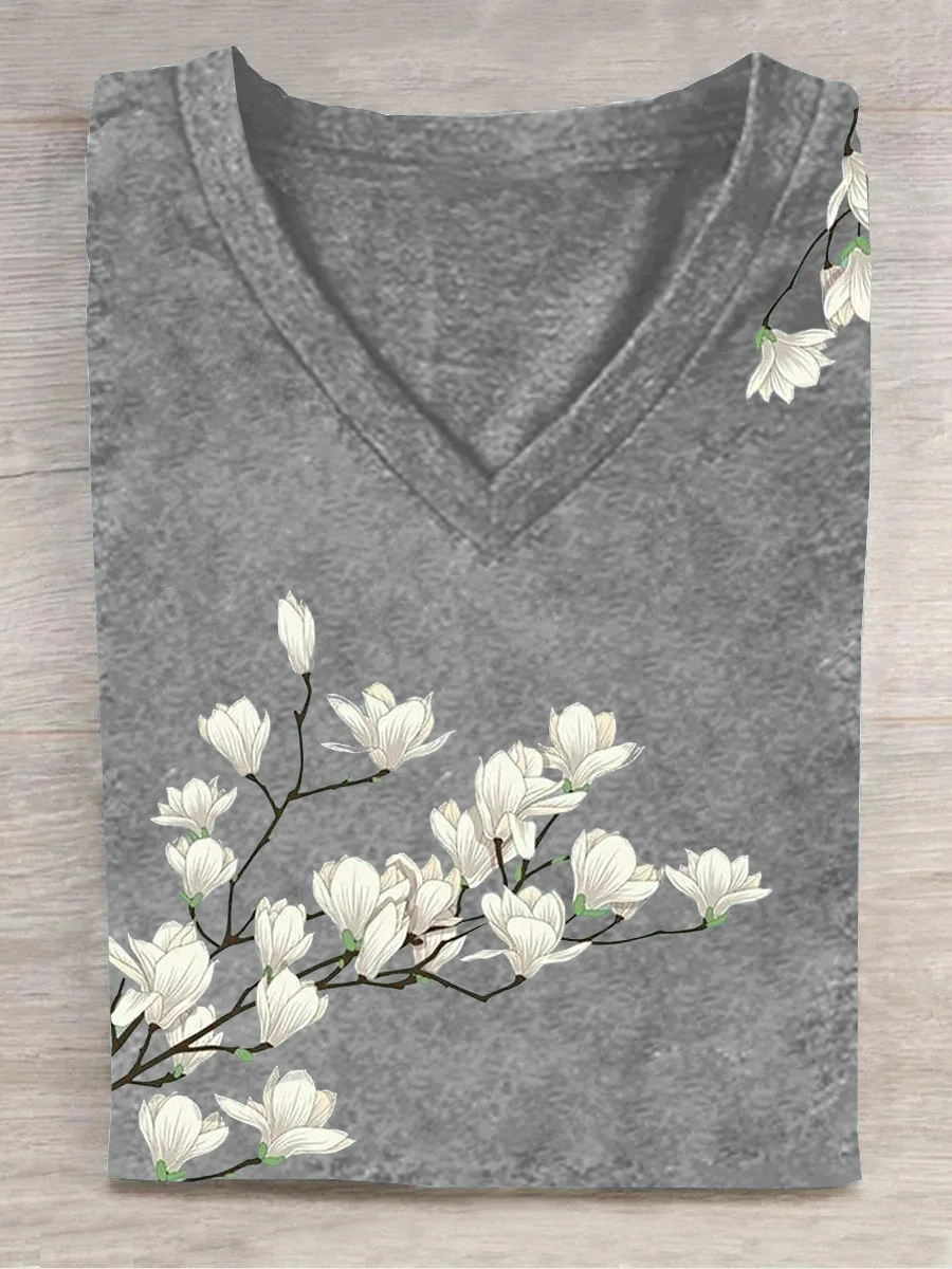 Casual Floral V Neck Short Sleeve T-shirt