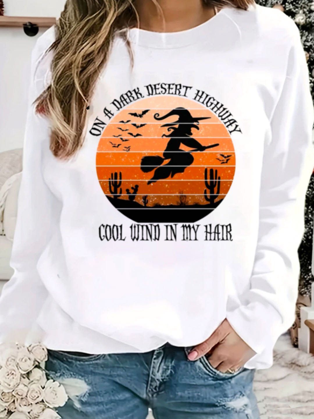 Halloween Casual Witch Print Crew Neck Text Letters Sweatshirt