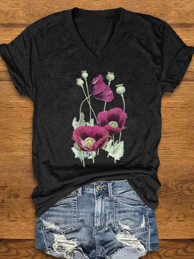 Casual Floral V Neck Short Sleeve T-shirt