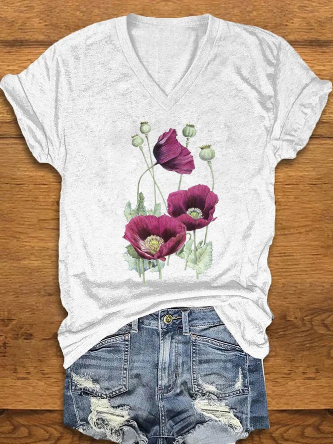 Casual Floral V Neck Short Sleeve T-shirt