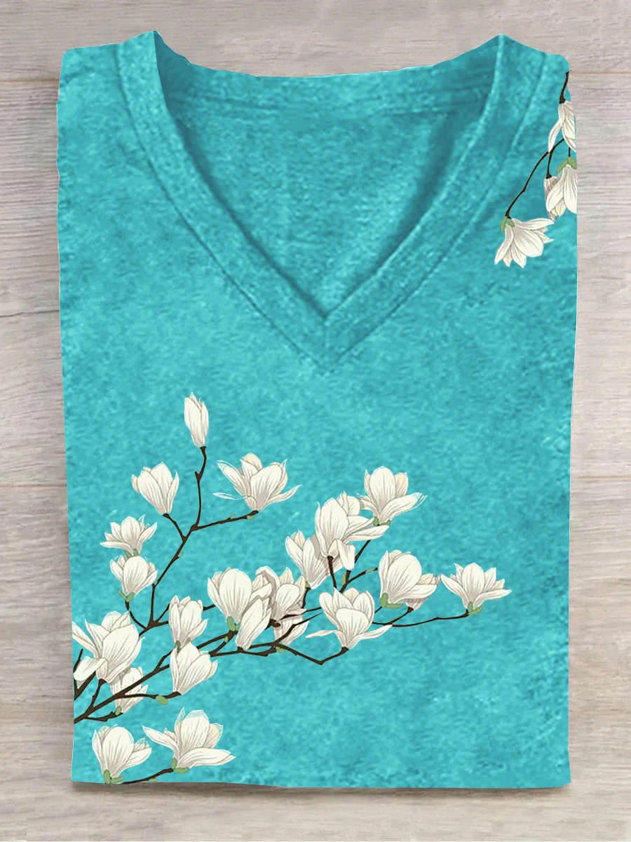 Casual Floral V Neck Short Sleeve T-shirt