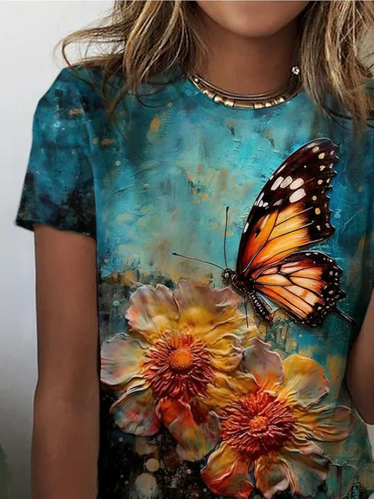 Casual Floral Crew Neck Short Sleeve T-shirt