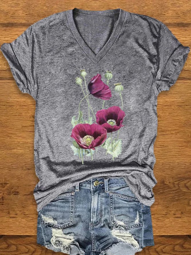 Casual Floral V Neck Short Sleeve T-shirt