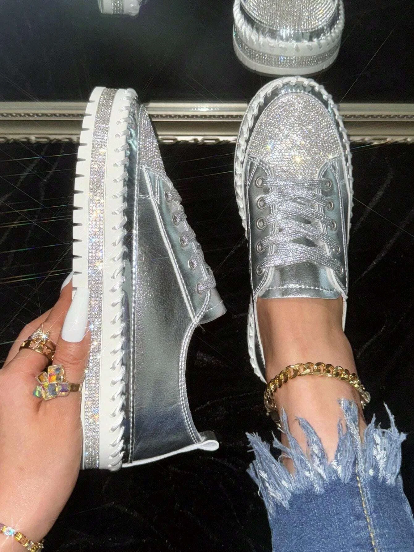 Women's Golden Shiny Rhinestone Fashion Casual Sneakers