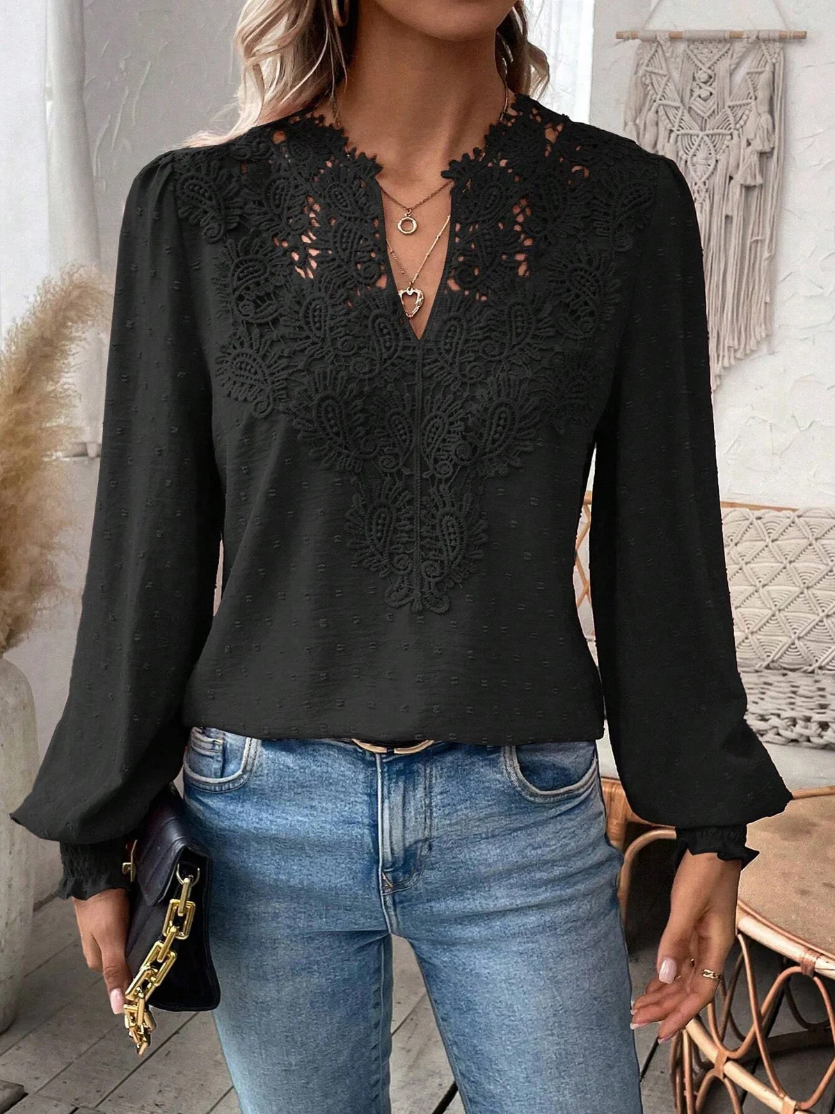 Notched Long Sleeve Plain Lace Regular Loose Blouse For Women