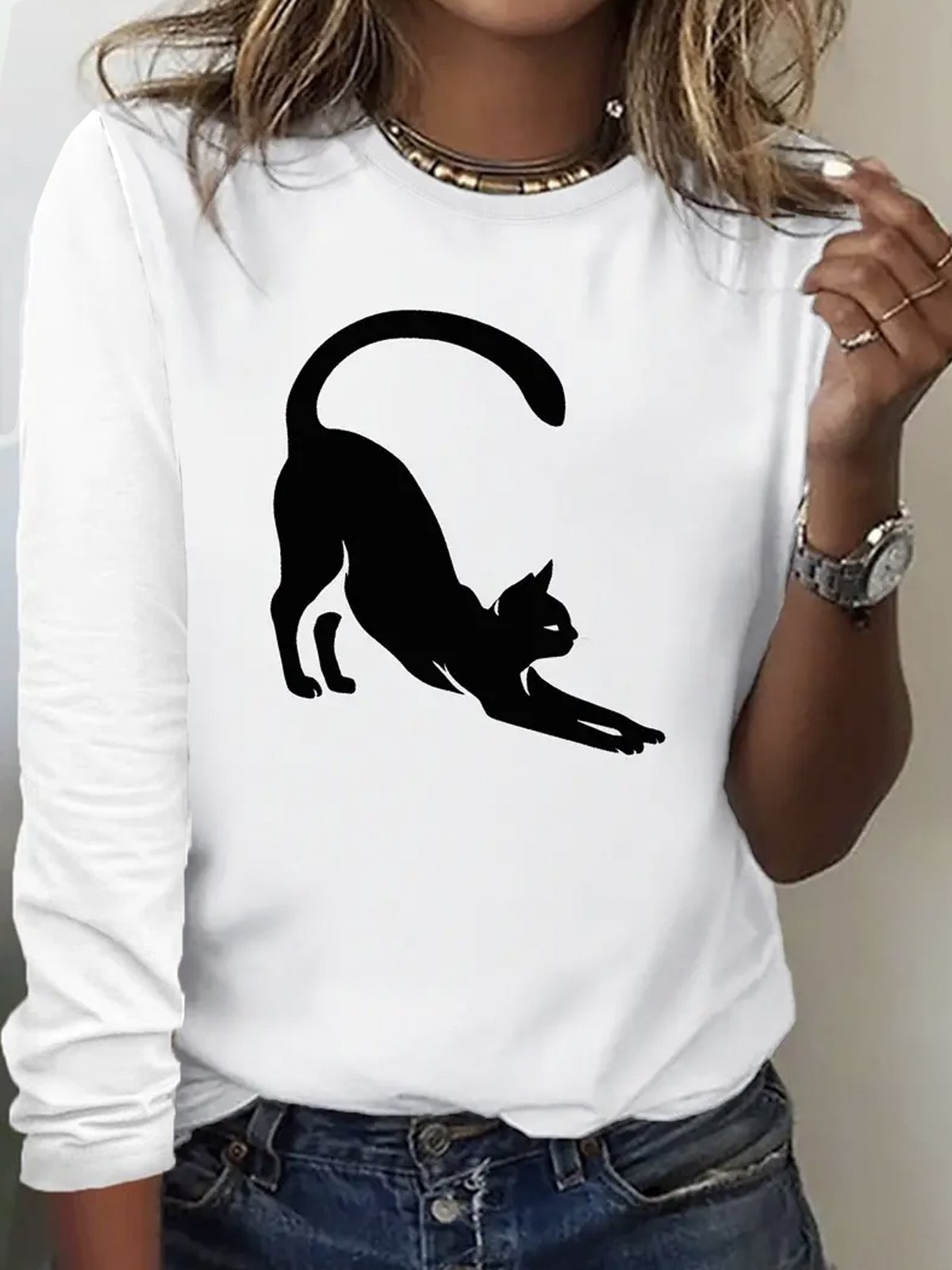 Casual Cat Crew Neck Long Sleeve T-shirt