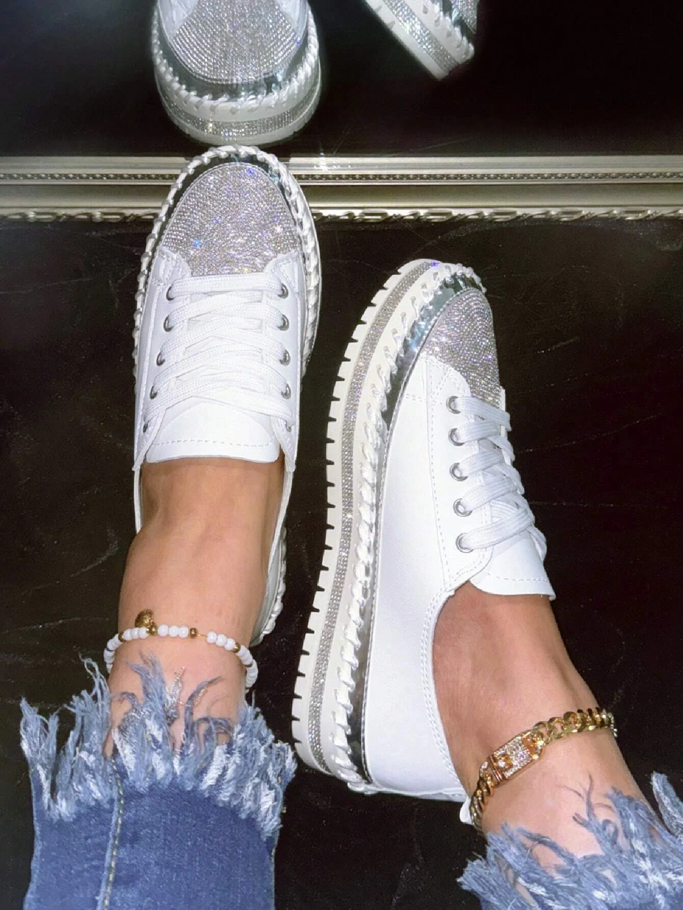 Women's Golden Shiny Rhinestone Fashion Casual Sneakers