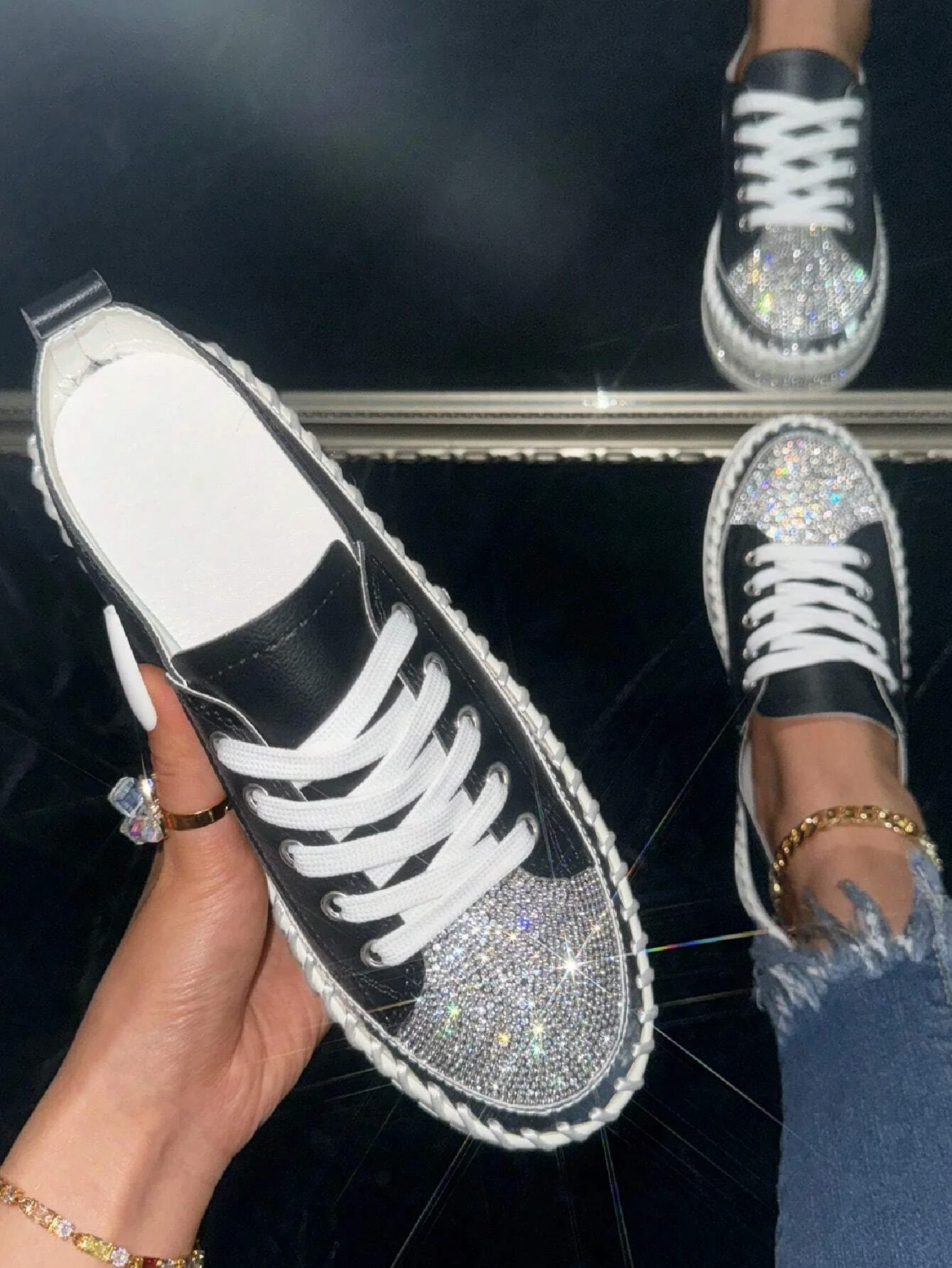 Women's Golden Shiny Rhinestone Fashion Casual Sneakers