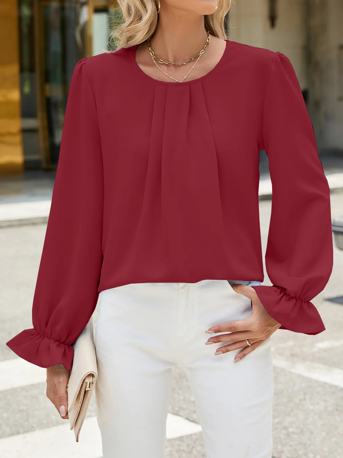 Crew Neck Long Sleeve Plain Regular Loose Blouse For Women