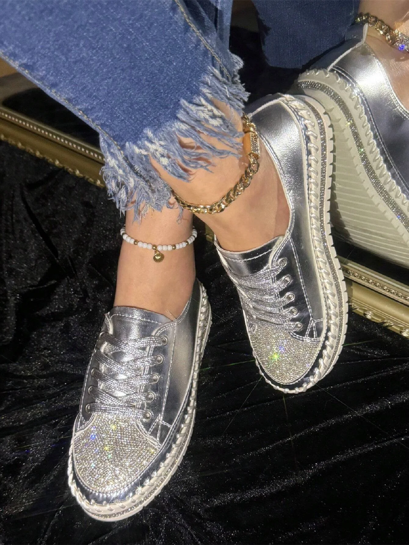 Women's Golden Shiny Rhinestone Fashion Casual Sneakers