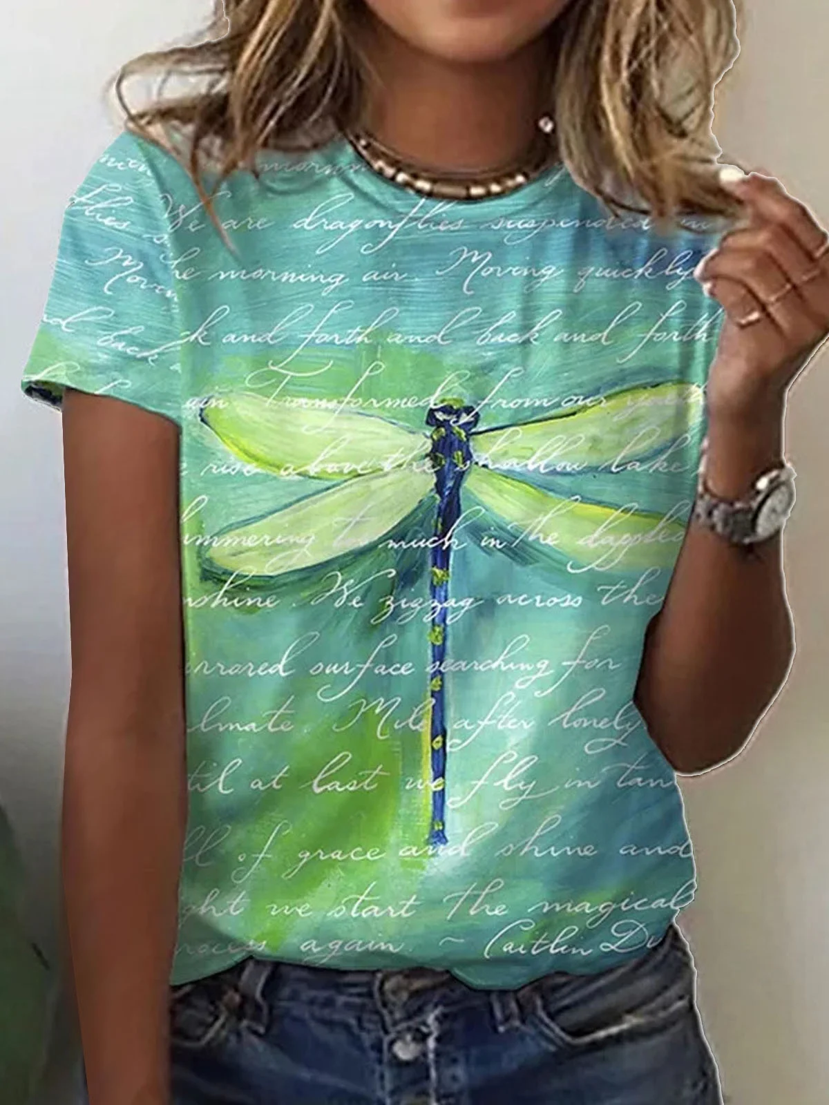 Casual Dragonfly Crew Neck Short Sleeve T-shirt