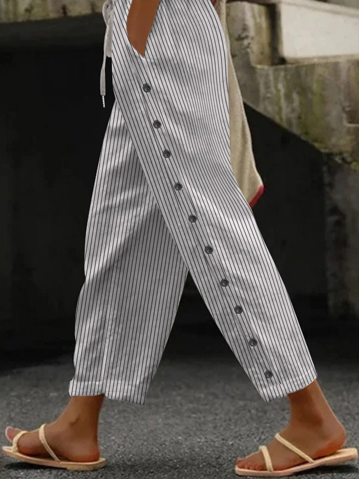 Casual Striped Long Elastic Waist Pocket Stitching Pant