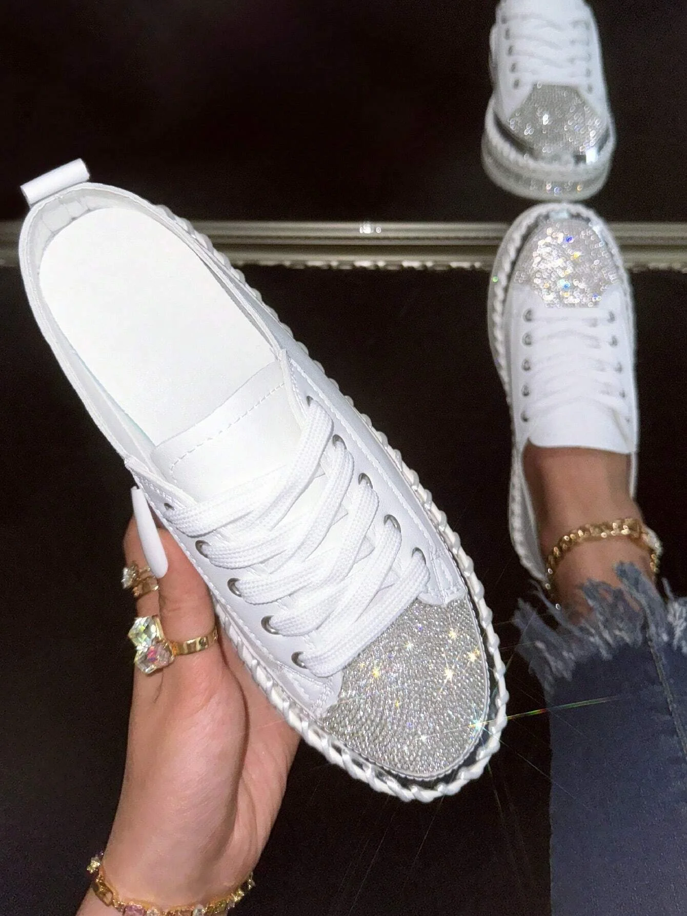 Women's Golden Shiny Rhinestone Fashion Casual Sneakers