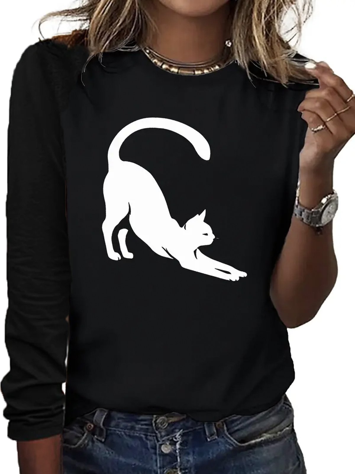 Casual Cat Crew Neck Long Sleeve T-shirt