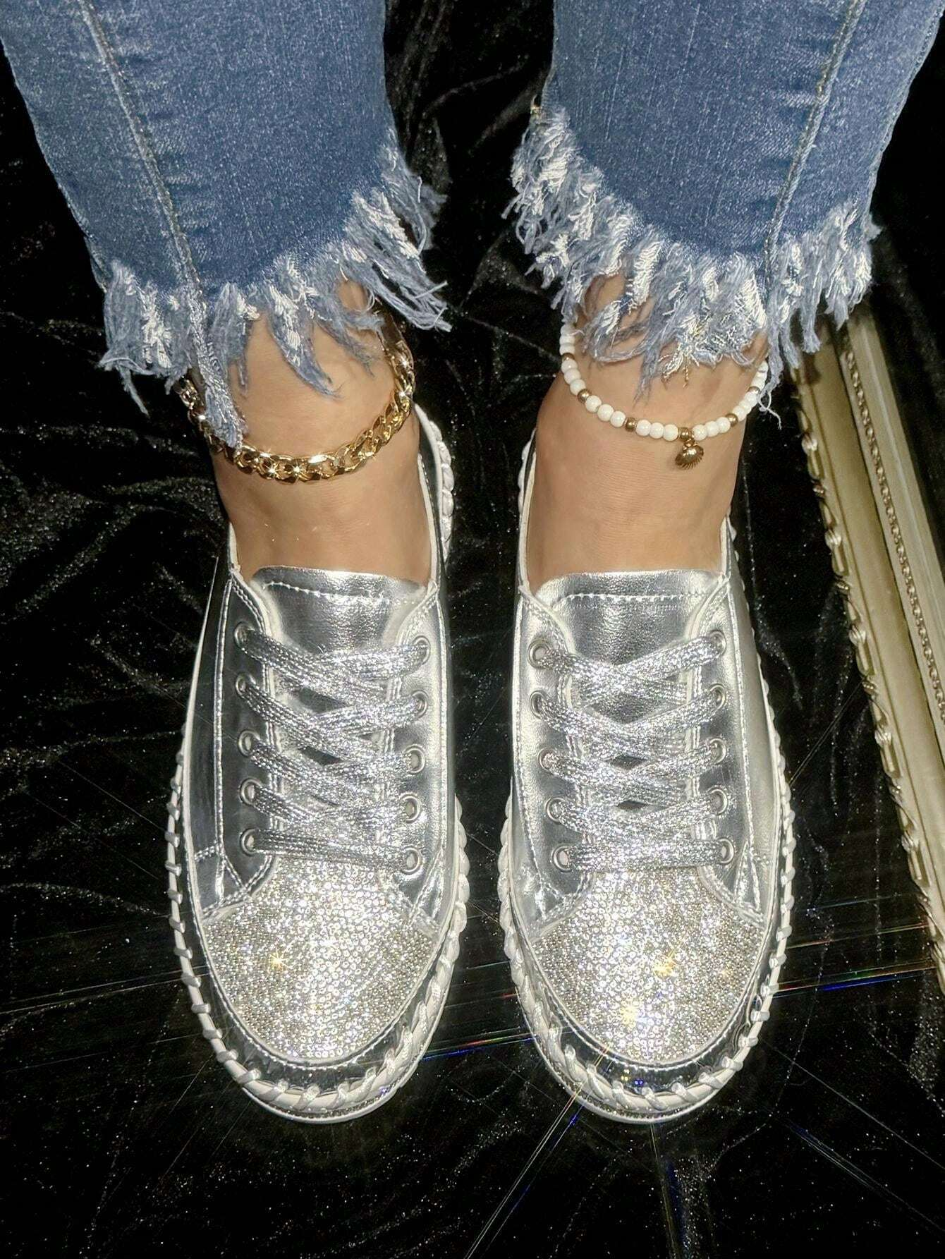 Women's Golden Shiny Rhinestone Fashion Casual Sneakers