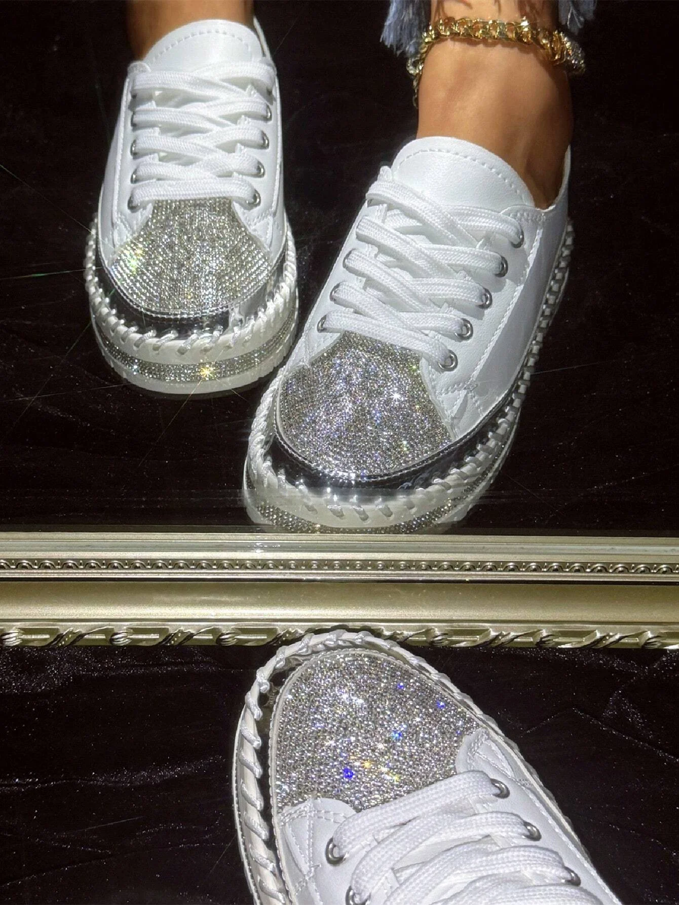 Women's Golden Shiny Rhinestone Fashion Casual Sneakers