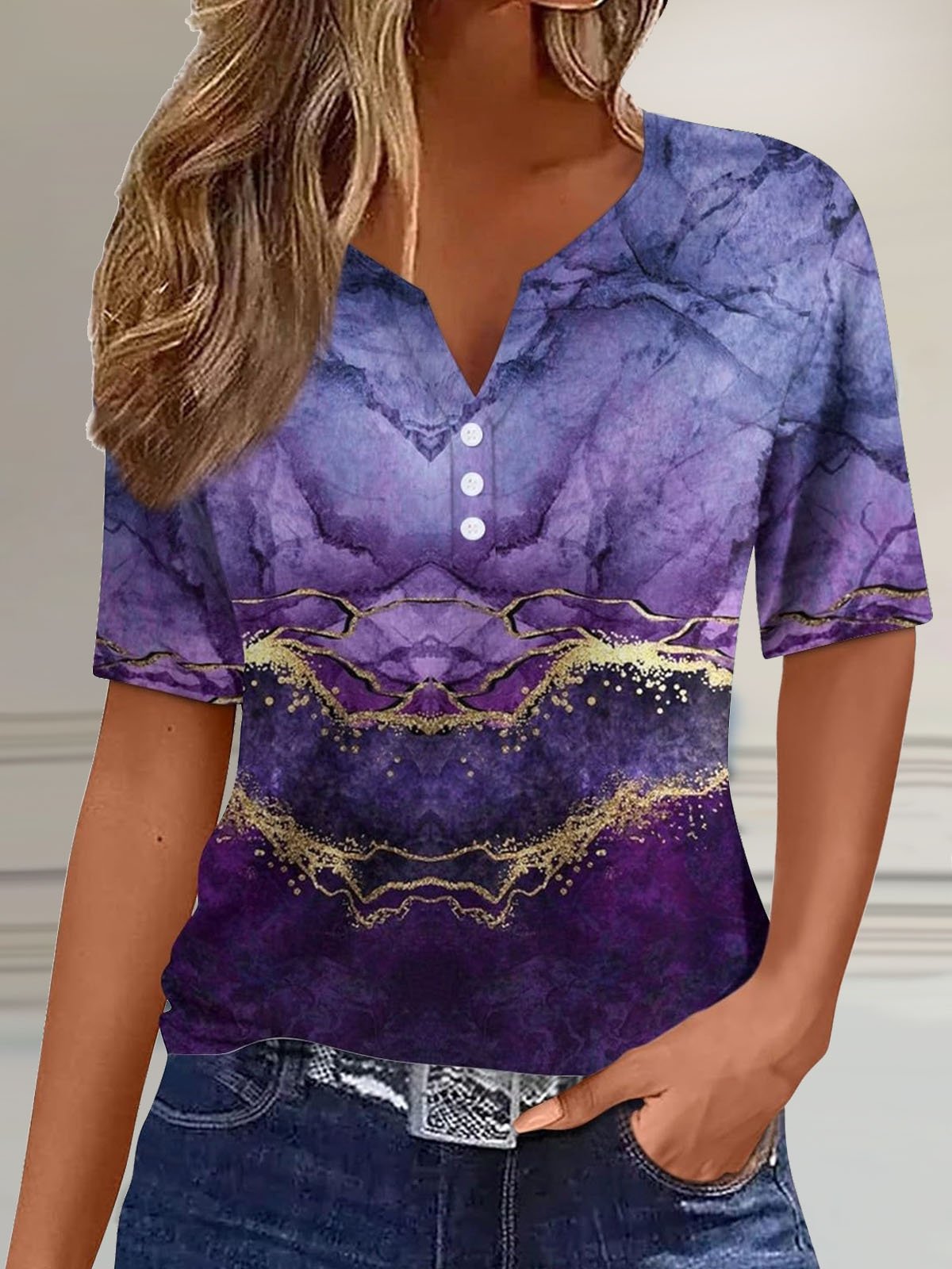 Casual Abstract Notched Short Sleeve T-shirt