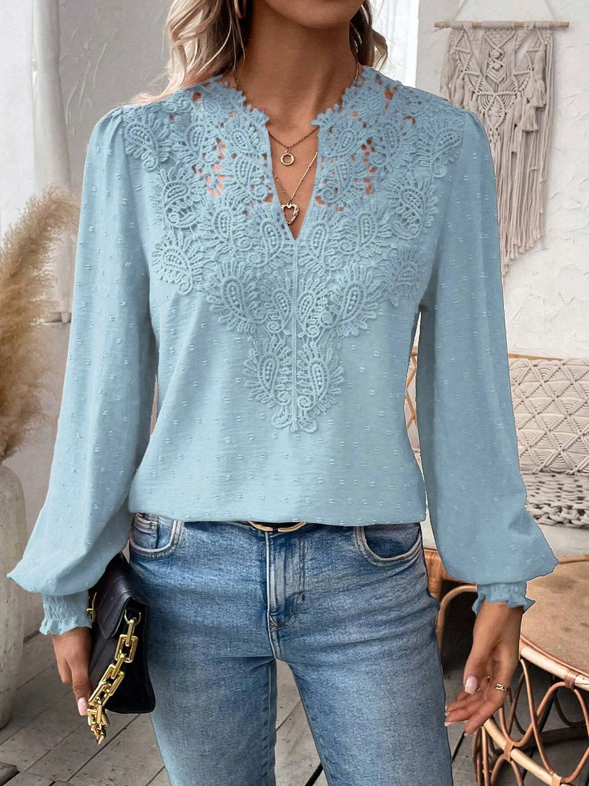 Notched Long Sleeve Plain Lace Regular Loose Blouse For Women