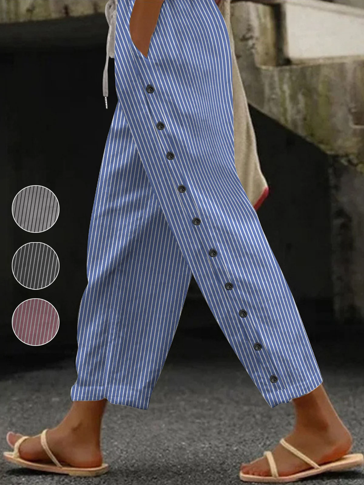 Casual Striped Long Elastic Waist Pocket Stitching Pant