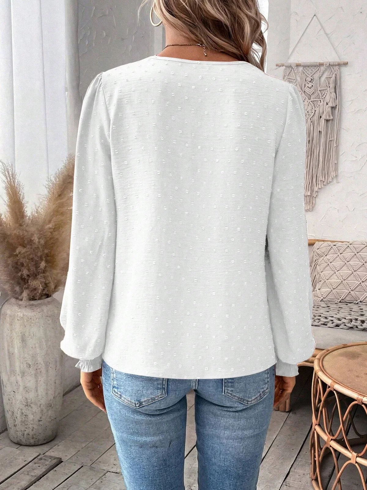 Notched Long Sleeve Plain Lace Regular Loose Blouse For Women