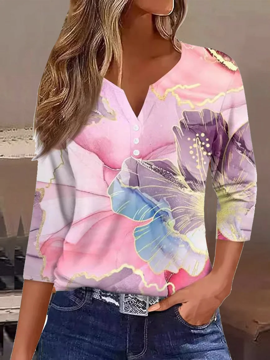 Casual Floral V Neck Three Quarter Sleeve T-shirt