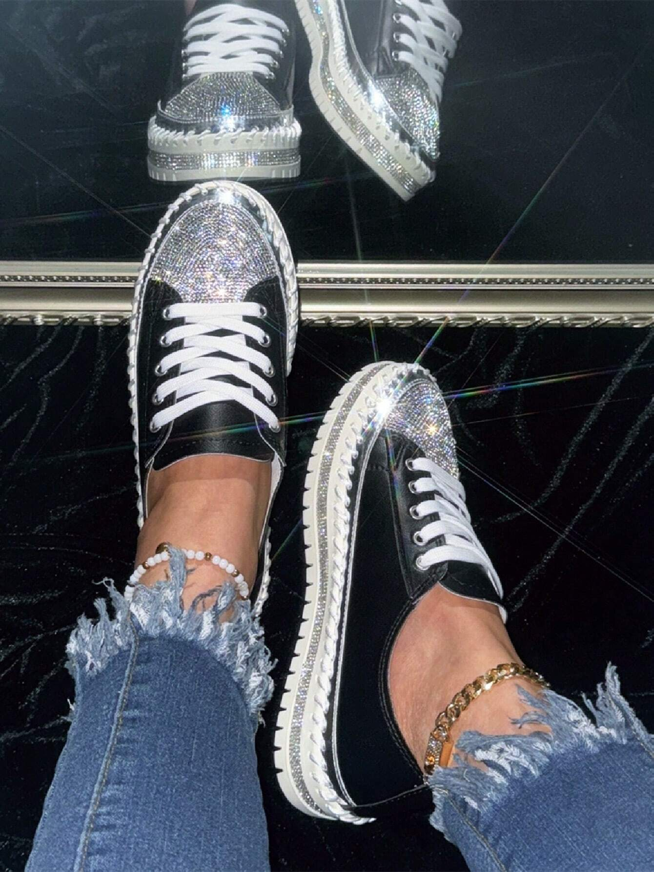 Women's Golden Shiny Rhinestone Fashion Casual Sneakers