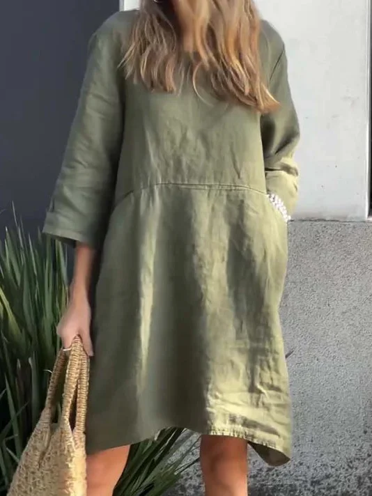 Women Plain Crew Neck Three Quarter Sleeve Comfy Casual Pocket Stitching Midi Dress