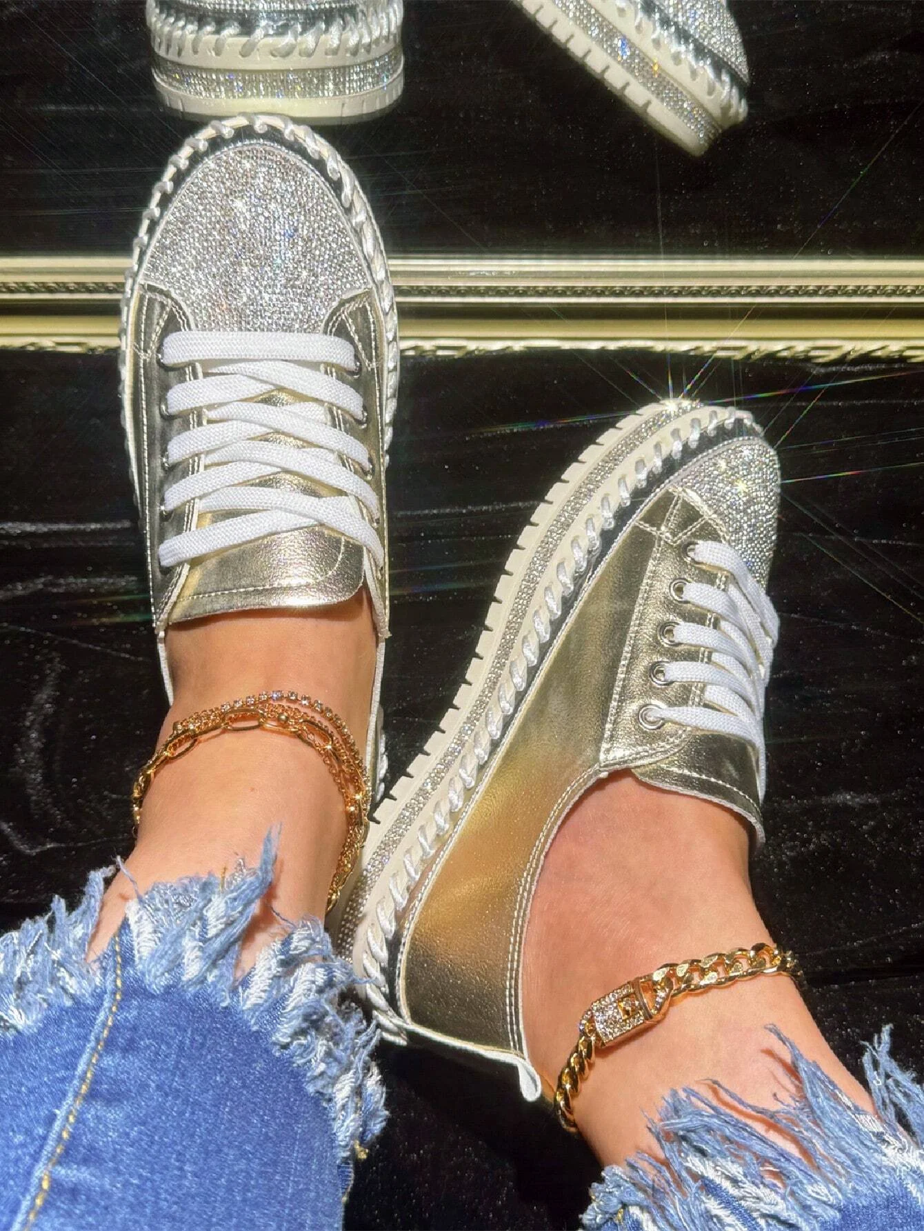 Women's Golden Shiny Rhinestone Fashion Casual Sneakers