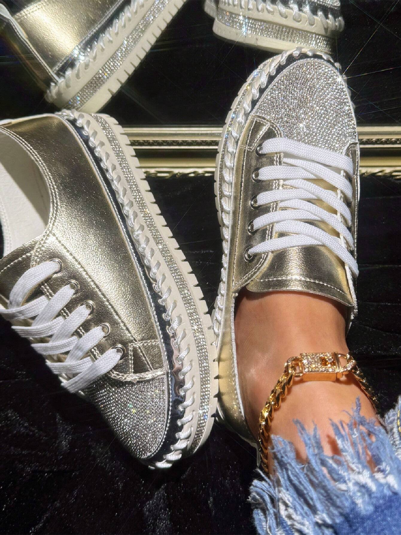 Women's Golden Shiny Rhinestone Fashion Casual Sneakers