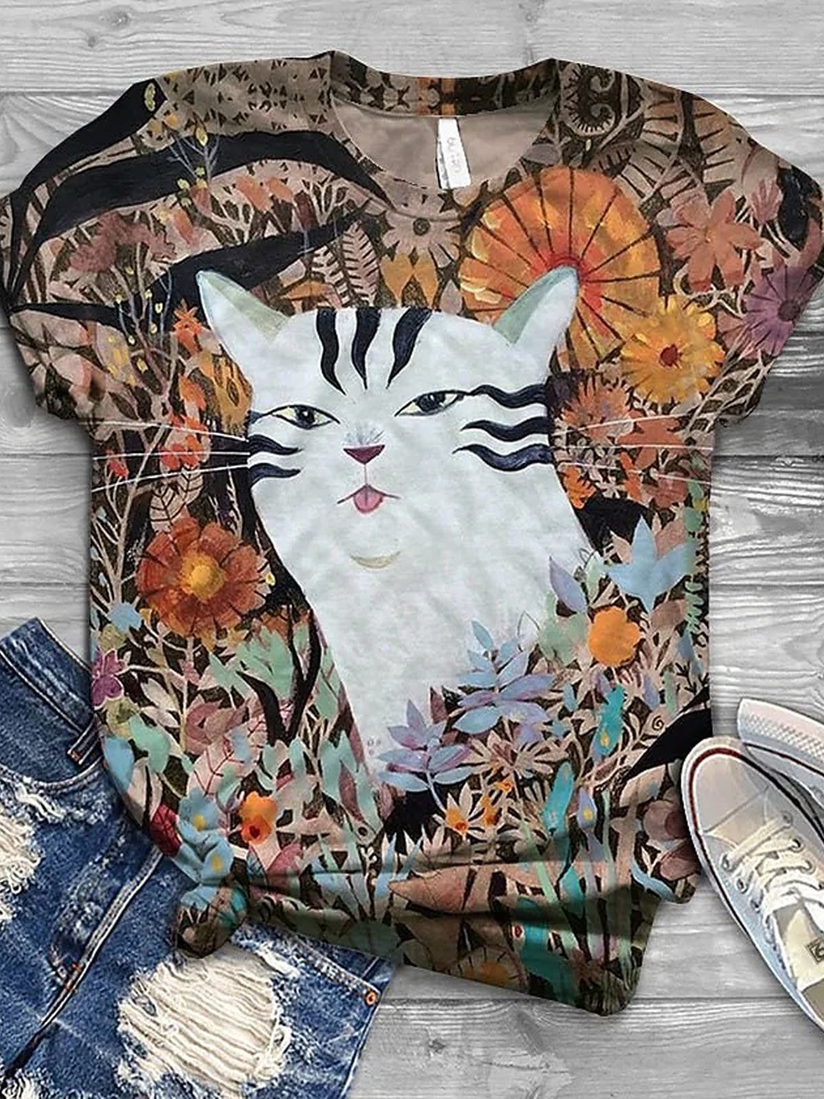 Casual Cat Crew Neck Short Sleeve T-shirt