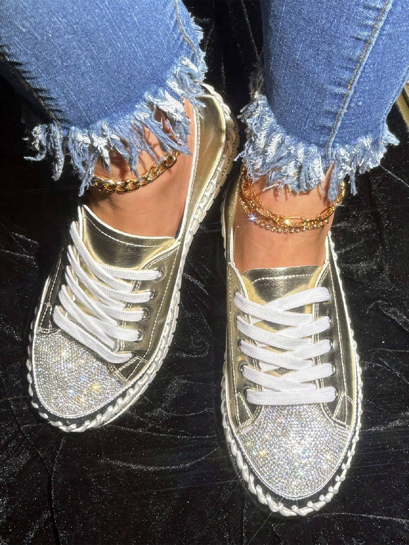 Women's Golden Shiny Rhinestone Fashion Casual Sneakers