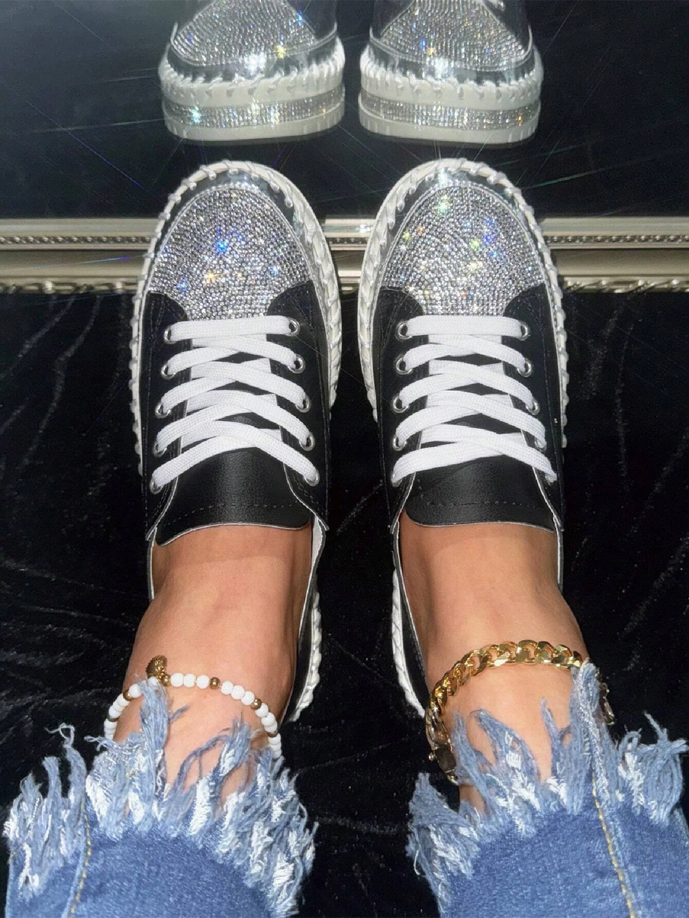 Women's Golden Shiny Rhinestone Fashion Casual Sneakers