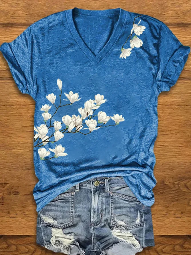 Casual Floral V Neck Short Sleeve T-shirt