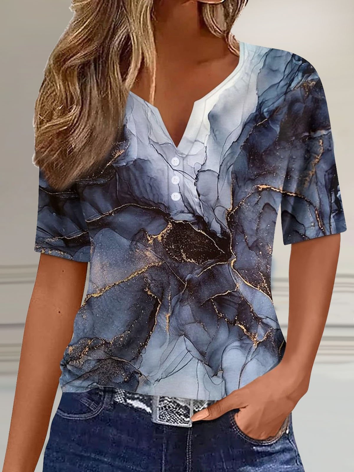 Casual Abstract Notched Short Sleeve T-shirt