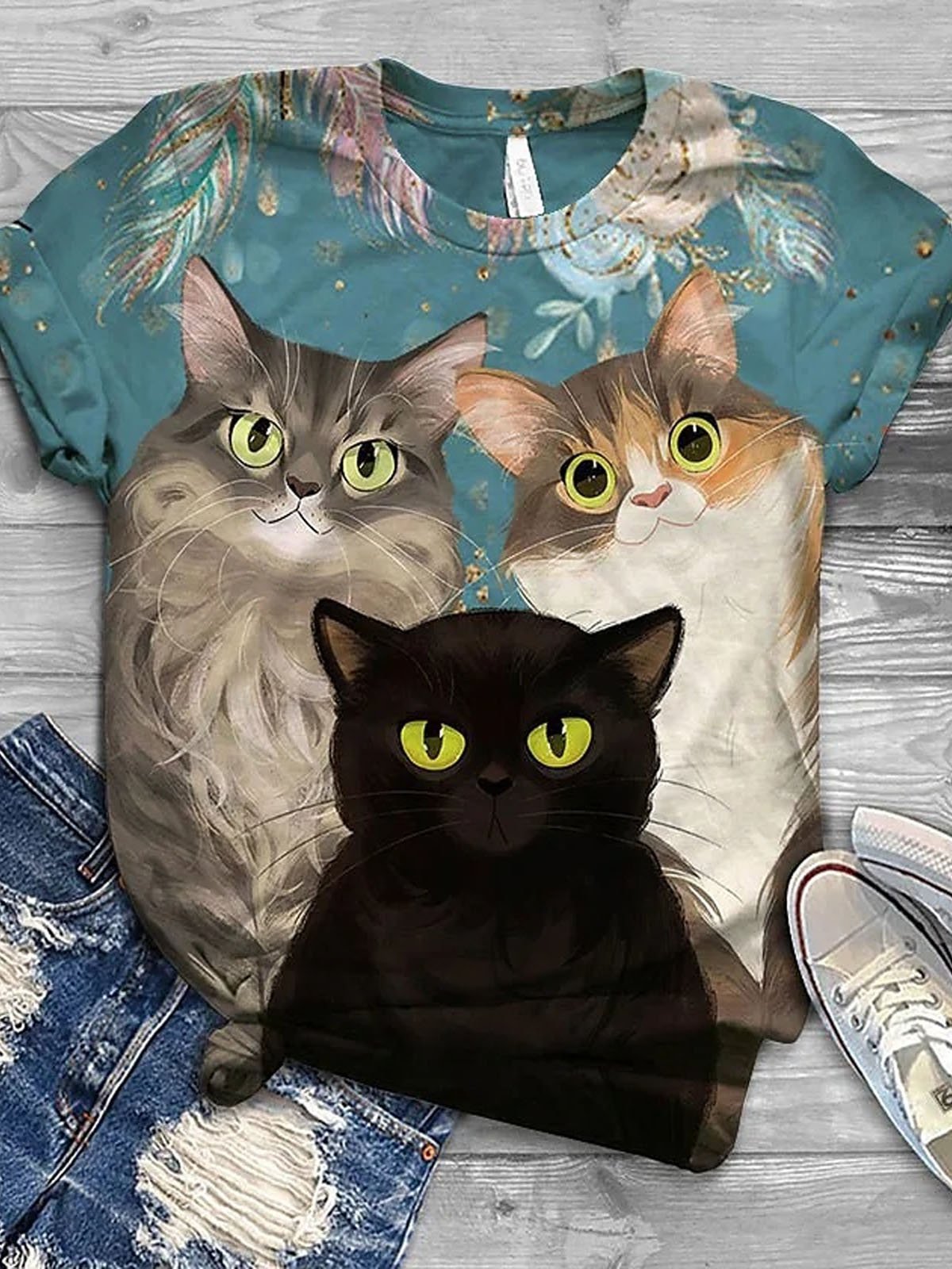 Casual Cat Crew Neck Short Sleeve T-shirt