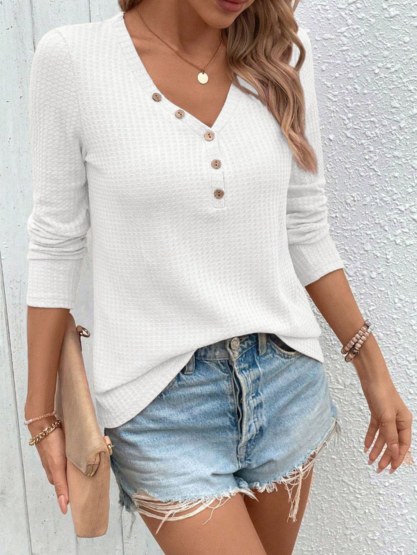 Casual Plain V Neck Long Sleeve T-shirt