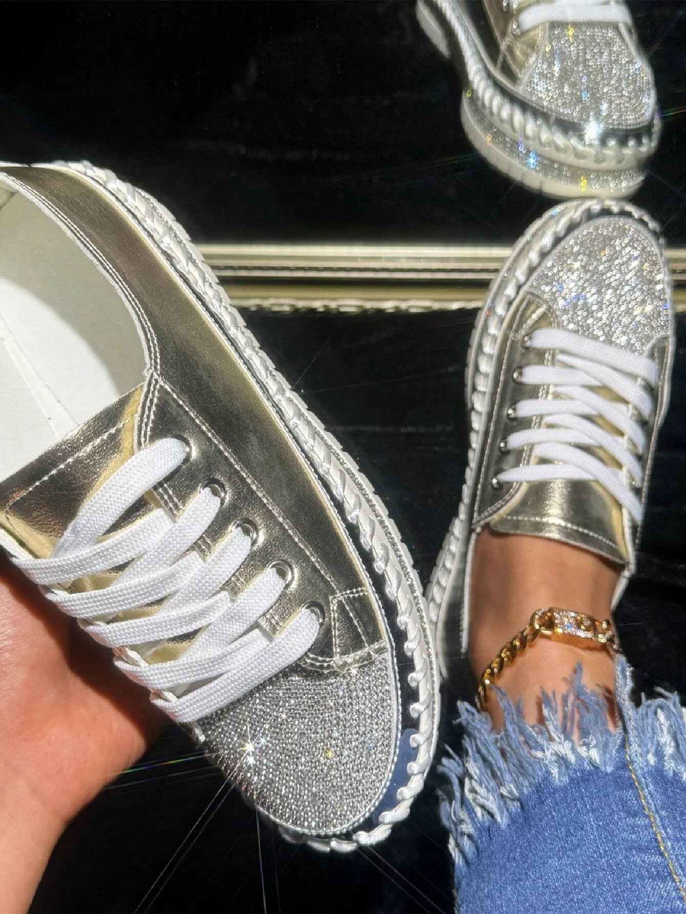 Women's Golden Shiny Rhinestone Fashion Casual Sneakers